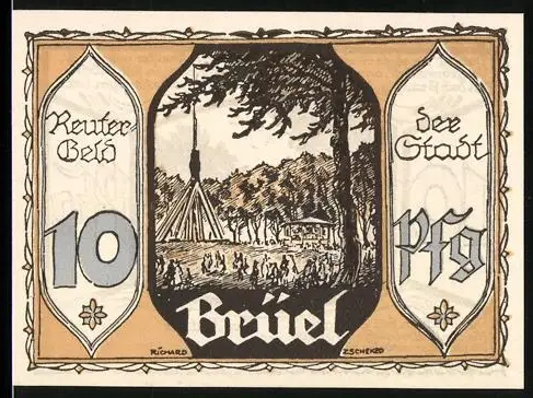 Notgeld Brüel 1922, 10 Pfennig, Landschaftsszene mit Pavillon, Frau mit Gänsen
