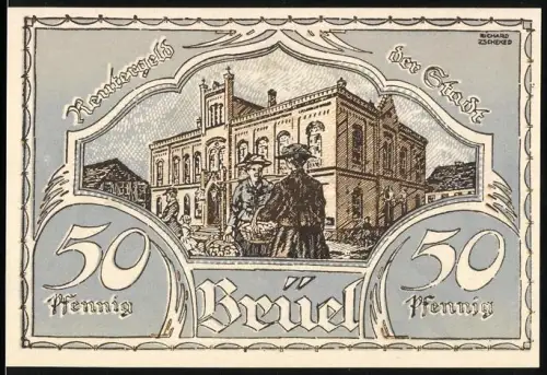 Notgeld Brüel 1920, 50 Pfennig, Stadtszene und Arbeiter mit Getreidebündeln und Wappen