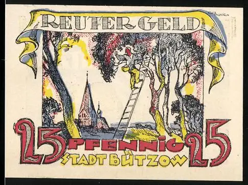 Notgeld Bützow 1922, 25 Pfennig, Ernte und Mann auf Leiter vor Kirche