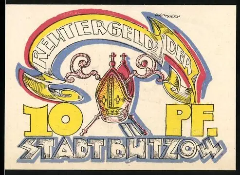 Notgeld Bützow 1922, 10 Pfennig, Bischofsmütze und Frau mit Getreidegarben