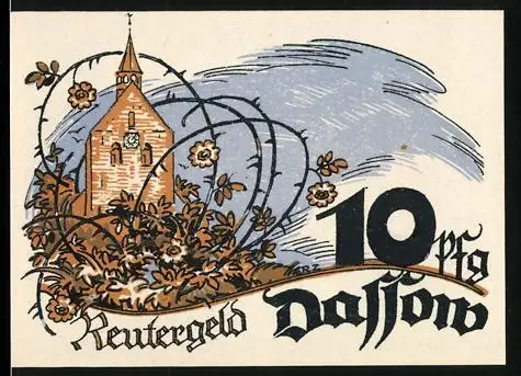 Notgeld Dassow 1922, 10 Pfennig, Kirche und Möwen über dem Wasser