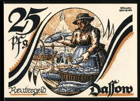 Notgeld Dassow 1922, 25 Pfennig, Fischverkäuferin am Markt und Landschaft mit Fischerbooten im Hintergrund