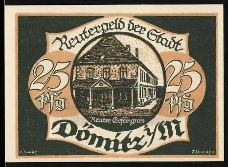 Notgeld Dömitz, 25 Pfennig, Reuter-Gefängnis und Erntearbeit-Motiv