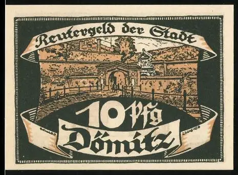 Notgeld Dömitz i. M. 1922, 10 Pfennig, Stadttor mit Zinnen und Torhaus-Motiv