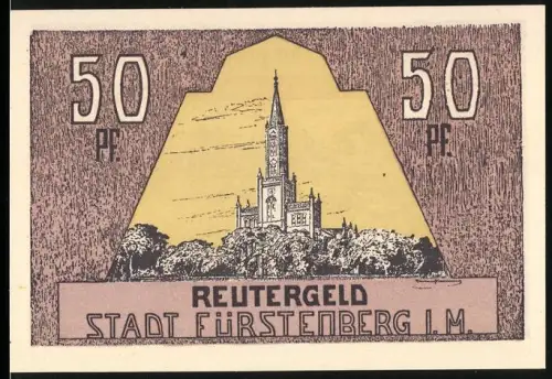 Notgeld Fürstenberg i. M. 1921, 50 Pfennig, Kirche und Szenerie am Ufer