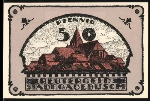 Notgeld Gadebusch 1921, 50 Pfennig, Ortsansicht mit Kirche und Fachwerkhaus