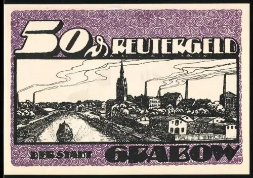 Notgeld Grabow 1921, 50 Pfennig, Ortsansicht mit Fluss und Dampfer, Wappen