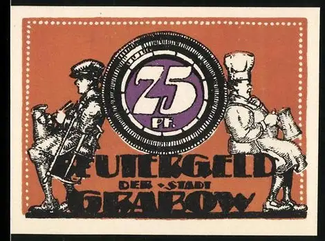 Notgeld Grabow 1921, 25 Pfennig, Musiker und Bäcker, Landschaft mit Brücke und Spruch