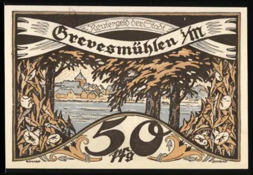 Notgeld Grevesmühlen i.M. 1922, 50 Pfennig, Landschaft mit Bäumen und Ortsansicht, Bauer mit Windmühle, Wappen