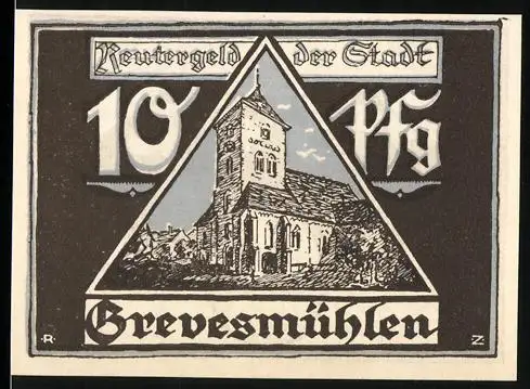 Notgeld Grevesmühlen 1922, 10 Pfennig, Kirche und strohgedeckte Dächer in der Nacht