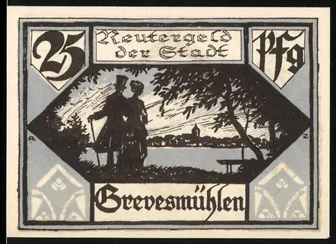 Notgeld Grevesmühlen 1922, 25 Pfennig, Spaziergänger am Seeufer und Landschaft mit Seeansicht