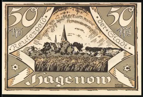 Notgeld Hagenow 1922, 50 Pfennig, Ortsansicht und Viehweide mit Hirten