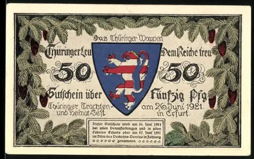 Notgeld Erfurt 1921, 50 Pfennig, Thüringer Wappen und Frau in Tracht mit Spinnrad