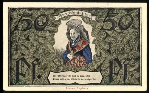 Notgeld Erfurt 1921, 50 Pfennig, Thüringer Tracht und Wappen