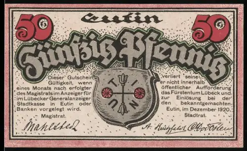 Notgeld Eutin 1920, 50 Pfennig, Schloss mit Rosen und Wappen