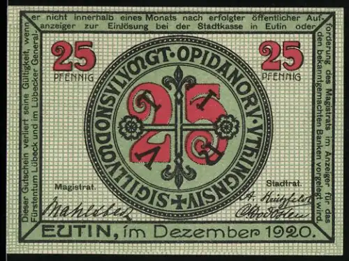 Notgeld Eutin 1920, 25 Pfennig, Wappen und Voss-Haus