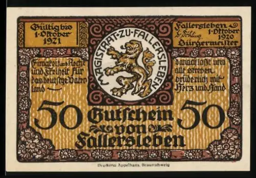 Notgeld Fallersleben 1920, 50 Pfennig, Löwenwappen, Dichterporträt, Geburtshaus Hoffmanns von Fallersleben