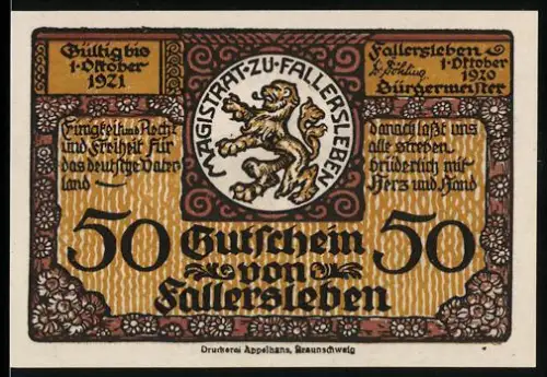 Notgeld Fallersleben 1921, 50 Pfennig, Dichterporträt Hoffmann von Fallersleben und Geburtshaus, Löwenwappen