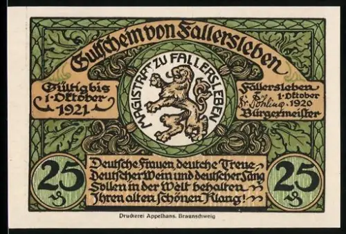 Notgeld Fallersleben 1920, 25 Pfennig, Wappen mit Löwe und Schlossillustration, Hoffmann von Fallersleben
