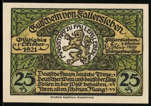 Notgeld Fallersleben 1920, 25 Pfennig, Löwenwappen und Porträt Hoffmann von Fallersleben, Schlossansicht