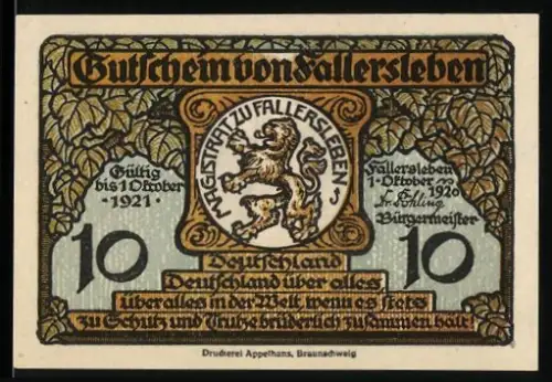 Notgeld Fallersleben 1920, 10 Pfennig, Wappen und Denkmal von Hoffmann von Fallersleben