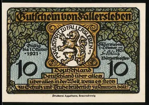 Notgeld Fallersleben 1920, 10 Pfennig, Wappen und Porträt von Hoffmann von Fallersleben mit Denkmal