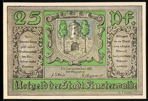 Notgeld Finsterwalde 1921, 25 Pfennig, Burgturm und historische Figuren