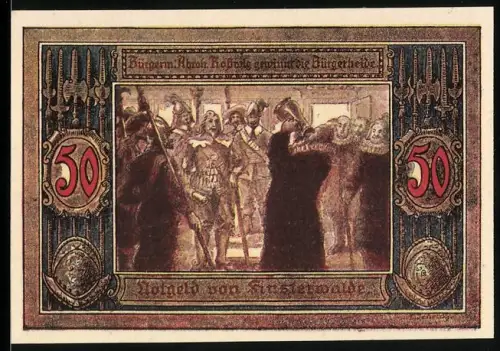Notgeld Finsterwalde 1921, 50 Pfennig, historische Szene und Stadtwappen mit Burgtor