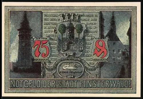 Notgeld Finsterwalde 1921, 75 Pfennig, Stadtwappen und Sänger von Finsterwalde