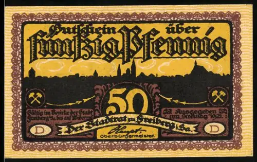 Notgeld Freiberg i. Sa. 1921, 50 Pfennig, Bergbau und Handwerker-Szenen