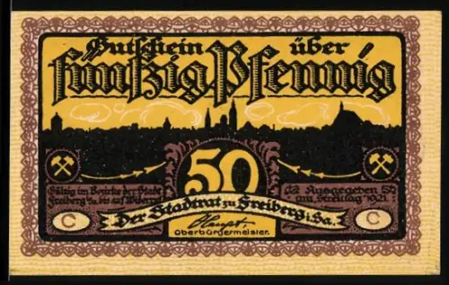 Notgeld Freiberg i. Sa. 1921, 50 Pfennig, Bergleute und Ortsansicht Silhouette