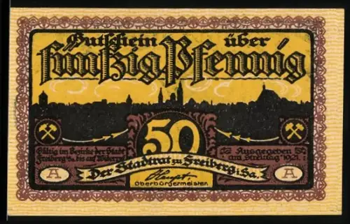 Notgeld Freiberg i. Sa. 1921, 50 Pfennig, Stadtsilhouette und Bergbauszenen