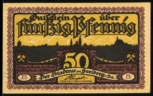 Notgeld Freiberg 1921, 50 Pfennig, Stadtsilhouette und Bergwerkszenen