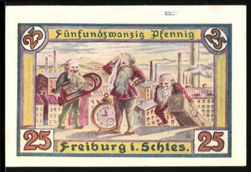 Notgeld Freiburg i. Schles. 1921, 25 Pfennig, Zwerge mit Uhren, Stadtwappen und Silhouette