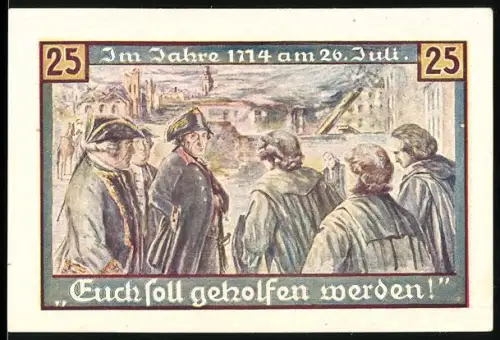 Notgeld Freiburg i. Schl. 1921, 25 Pfennig, historische Szene von 1714 und Stadtwappen mit Silhouette