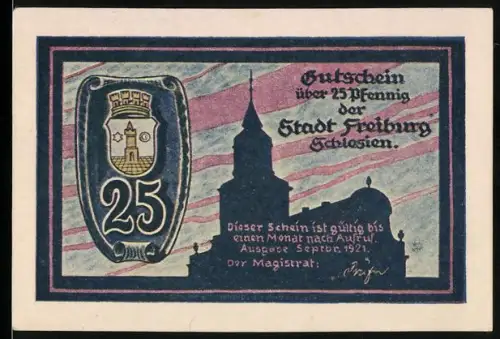Notgeld Freiburg /Schlesien 1921, 25 Pfennig, Stadtsilhouette und Handwerkerdarstellungen