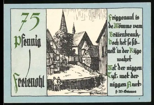 Notgeld Freienohl im Sauerland, 75 Pfennig, Fachwerkhäuser und Gedicht in plattdeutscher Sprache