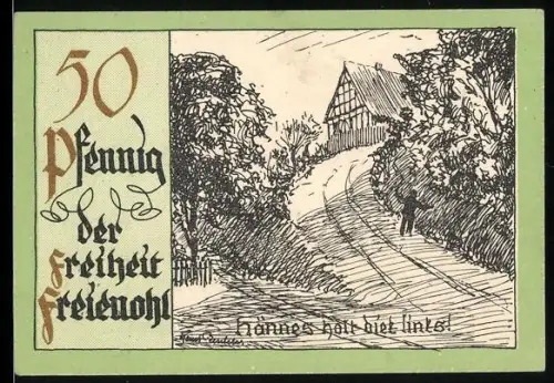 Notgeld Freienohl im Sauerland, 50 Pfennig, ländliche Szene mit Haus und Weg