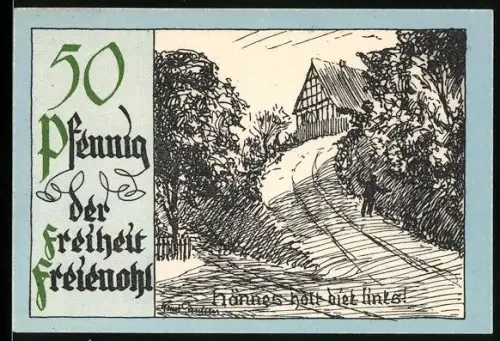 Notgeld Freienohl im Sauerland, 50 Pfennig, Landschaft mit Fachwerkhaus und Weg im Wald
