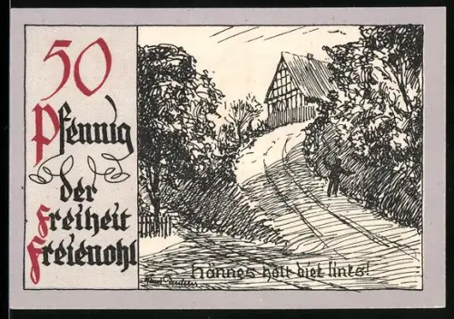 Notgeld Freienohl im Sauerland, 50 Pfennig, ländliche Szene mit Haus und Weg im Wald