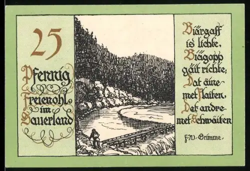 Notgeld Freienohl im Sauerland, 25 Pfennig, Flusslandschaft und Gedicht von F. W. Grimme