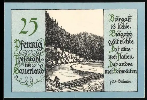 Notgeld Freienohl im Sauerland, 25 Pfennig, Landschaft mit Fluss und Waldgedicht