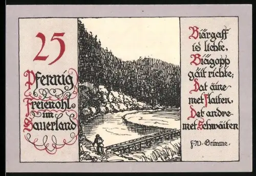 Notgeld Freienohl im Sauerland, 25 Pfennig, Landschaft mit Fluss und Gedicht von F. W. Grimme