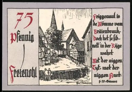 Notgeld Freienohl im Sauerland, 75 Pfennig, historische Strassenszene mit Gedicht und Wappen