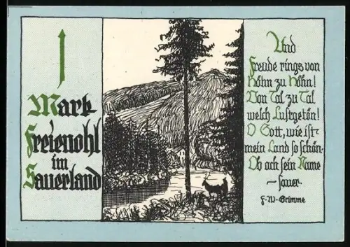 Notgeld Freienohl im Sauerland, 1 Mark, Landschaft mit Gedicht von F. W. Grimme