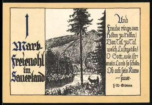 Notgeld Freienohl im Sauerland, 1 Mark, Landschaft mit Fluss und Gedicht von F. W. Grimme