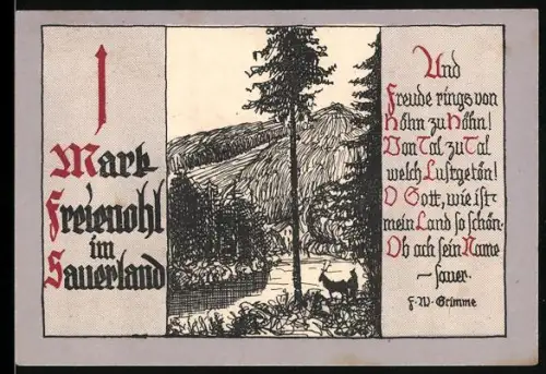 Notgeld Freienohl im Sauerland, 1 Mark, Landschaft mit Wald und Gedicht von F. W. Grimme