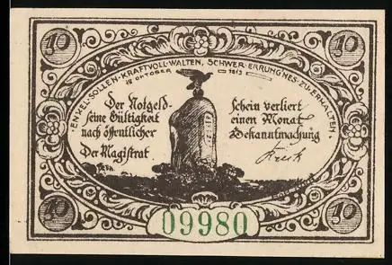 Notgeld Freienwalde i. Pomm. 1920, 10 Pfennig, Wappen und Kriegerdenkmal