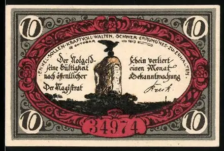 Notgeld Freienwalde i. Pommern 1920, 10 Pfennig, Denkmal mit Inschrift und Wappen