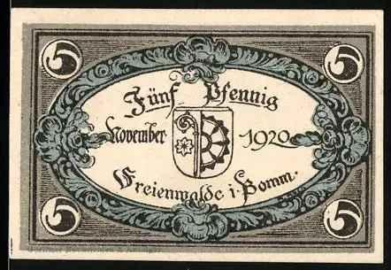 Notgeld Freienwalde i. Pommern 1920, 5 Pfennig, stilisierte Ornamentik und Säule mit Adler